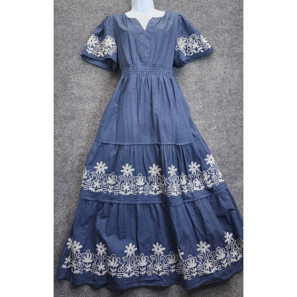 Polagram Women's Embroidered Floral Tiered Boho Maxi Dress XL Blue Cotton Blend